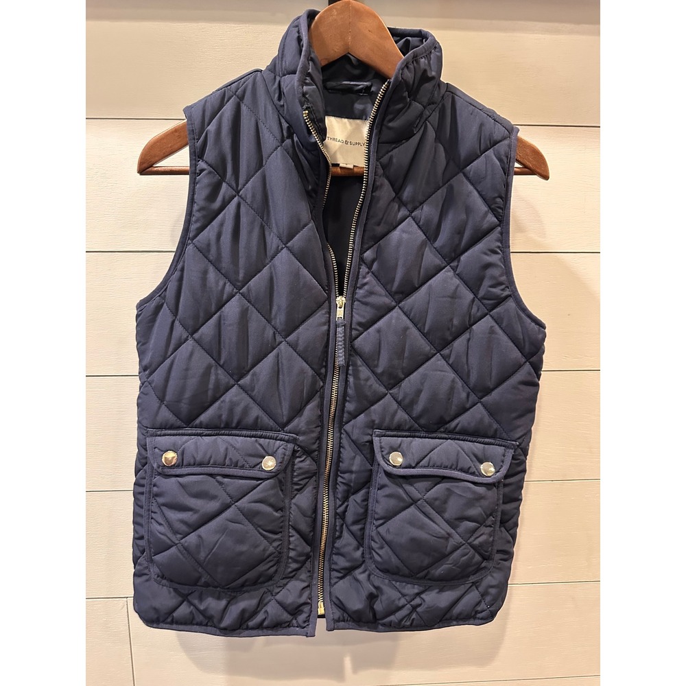 Thread & Supply Navy Quilted Puffer Vest Small Diamond Stitch Gold Zip Pocket